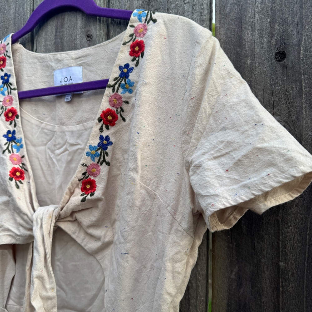 Anthropologie JOA Embroidered Tie Front Jumpsuit Large Beige Floral Wide Leg - Picture 7 of 16